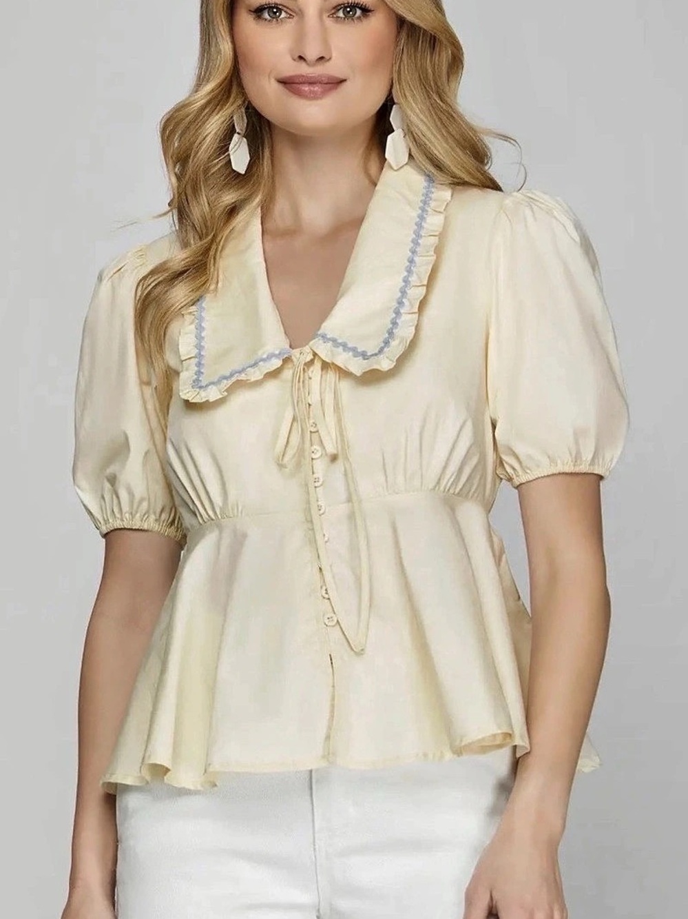 Ivory Peplum Blouse Blue RicRac